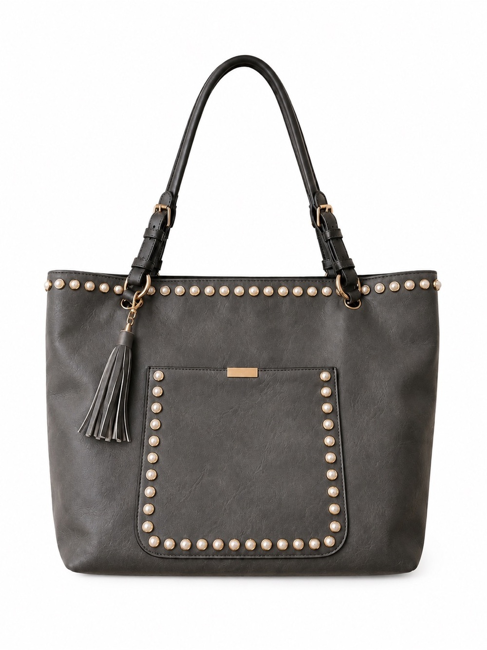 Yoki Dark Gray Studded Tote with Tassel and Pearls